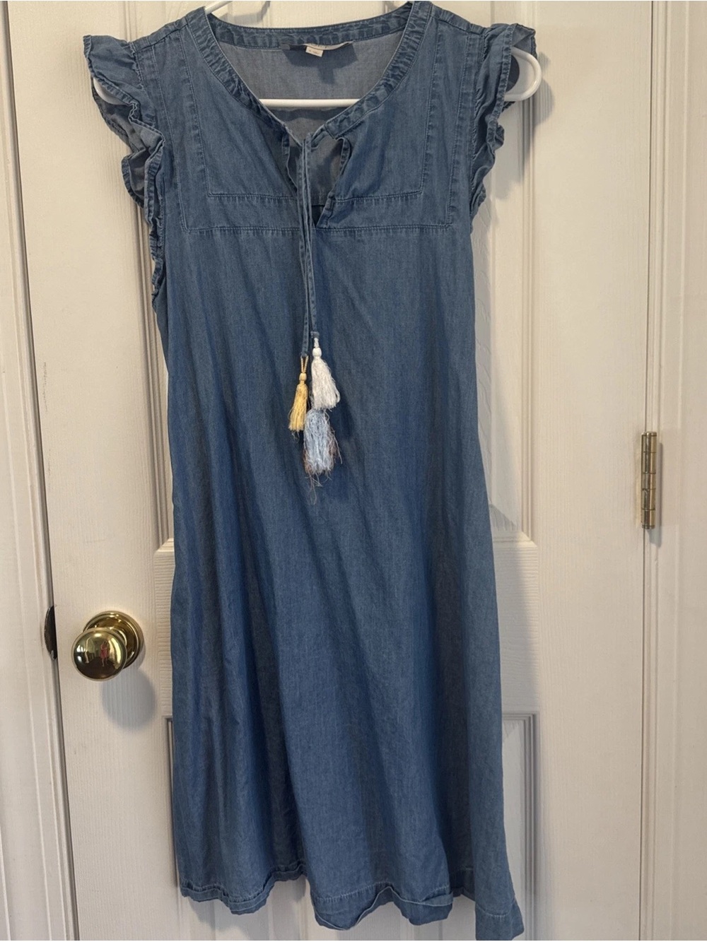 LOFT Blue Chambray Midi Dress with Tassel Accents